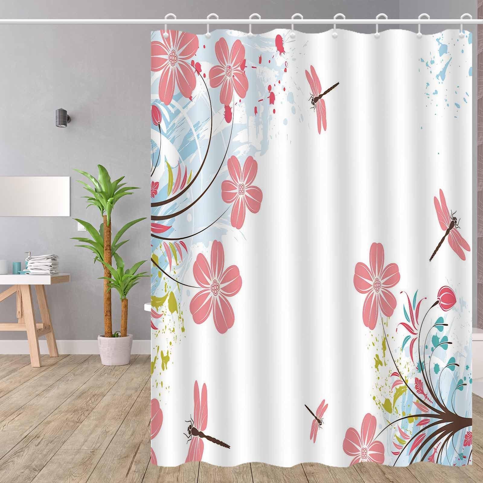 

Nordic Minimalist Dragonfly Floral Shower Curtain, Machine Washable Polyester, Artistic Pastel Design, Modern Bathroom Decor W90xH180cm