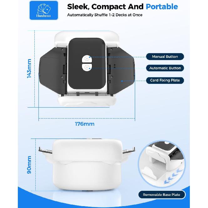 Automatic Card Shuffler for 1-2 Decks, One-Click Shuffling and Manual Mode, Portable Rechargeable (2600mAh) – Compatible with Poker, UNO, Bridge,