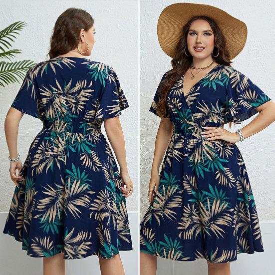 

Женское платье, удобное эластичное платье с v-образным вырезом на талии, летнее платье с принтом листьев для праздничной вечеринки на открытом воздухе