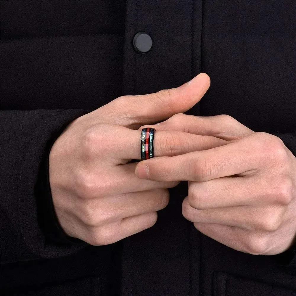 Fashion 8mm Stainless Steel Rings For Men Inlay Red Opal And Abalone Shell Ring Men Wedding Engagement Jewelry Anniversary Gifts