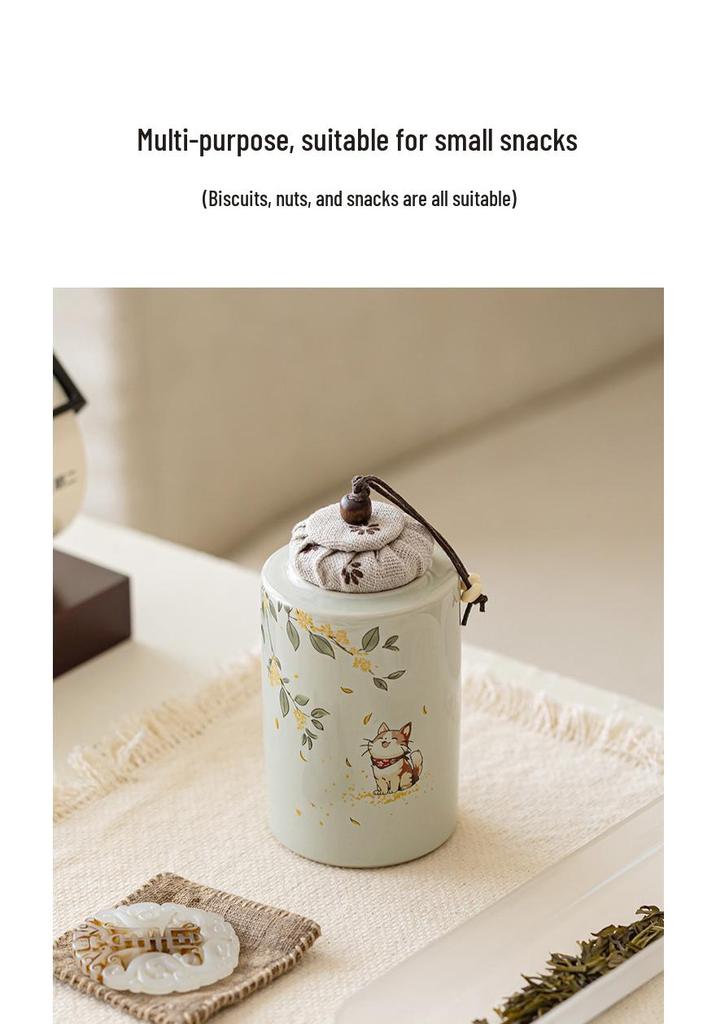 Osmanthus Kitten Exquisite Ash Wood Ceramic Tea Storage Can