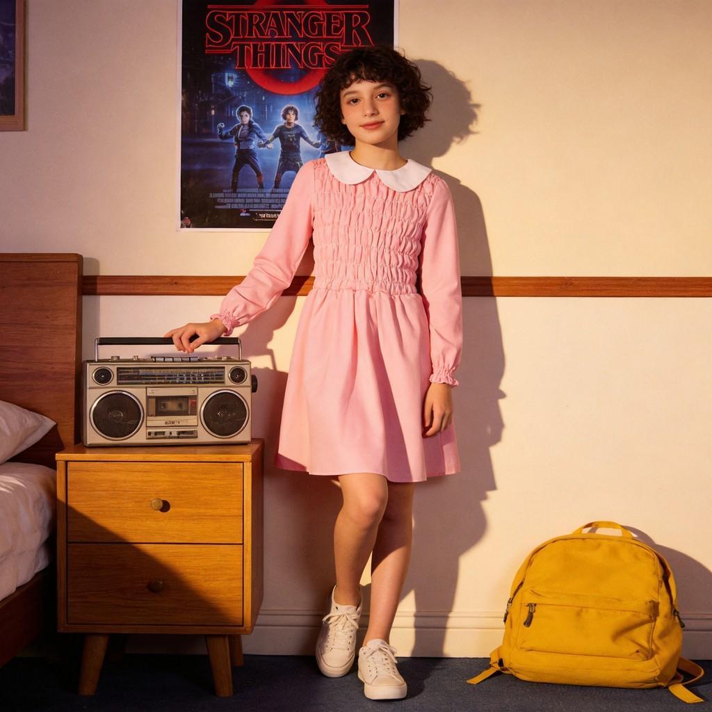 Stranger Things Eleven Cosplay Pink Dress With Polyester Fabric For Kids And Adults