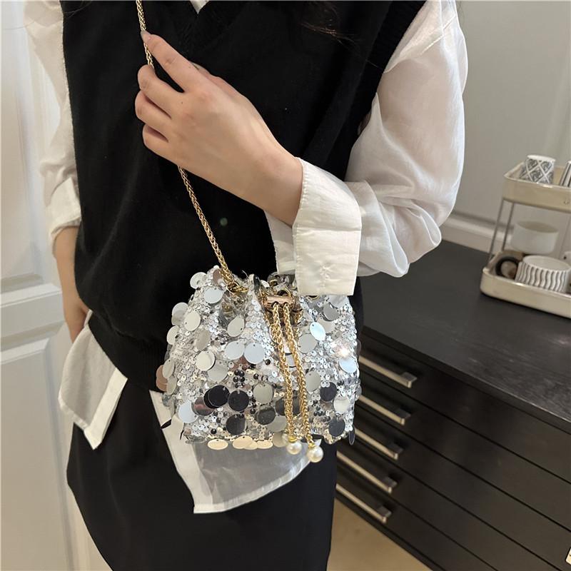 Sequin Chain Bucket Bag Dinner Bag 2025 Summer New Temperament Women's Bag Trendy Fashion Shoulder Bag Messenger Bag