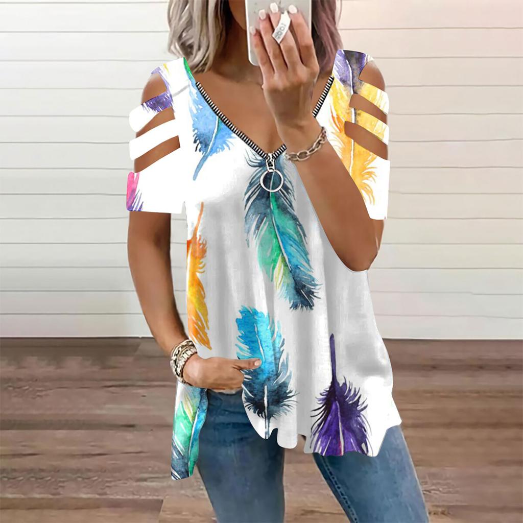 Women's Fashion Casual V-Neck Zipper Printed Off-Shoulder Short-Sleeved T-Shirt Top