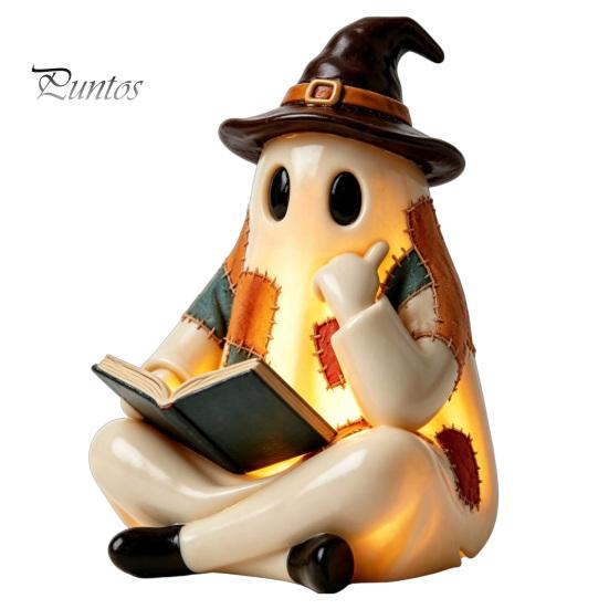 Regali Autunnali Unici Statuetta Fantasma Patchwork Vintage, Statua Carina da Lettura Illuminata a LED, Statua di Halloween Decorazione Spettrale in Resina per Tavolino Scaffale