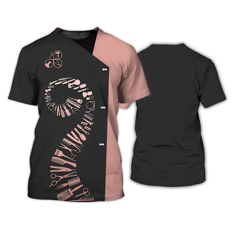 New Barber Shop T Shirt Hairdresser Women's T-shirt 3D Printed Customizable Short Sleeve Work Wear Tops Female Oversized Clothes
