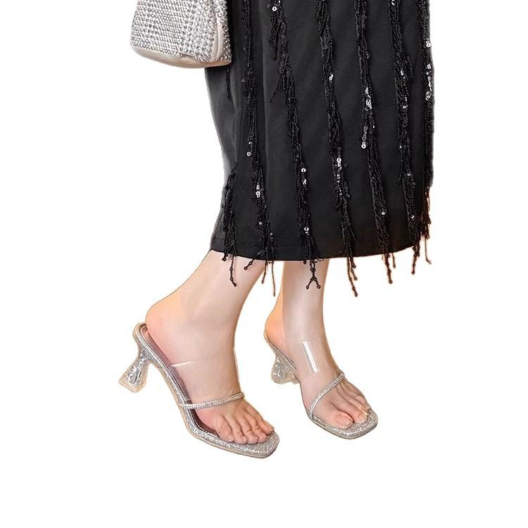 2025 summer new transparent word with rhinestone temperament crystal and gentle outer wear high-heeled cool slippers
