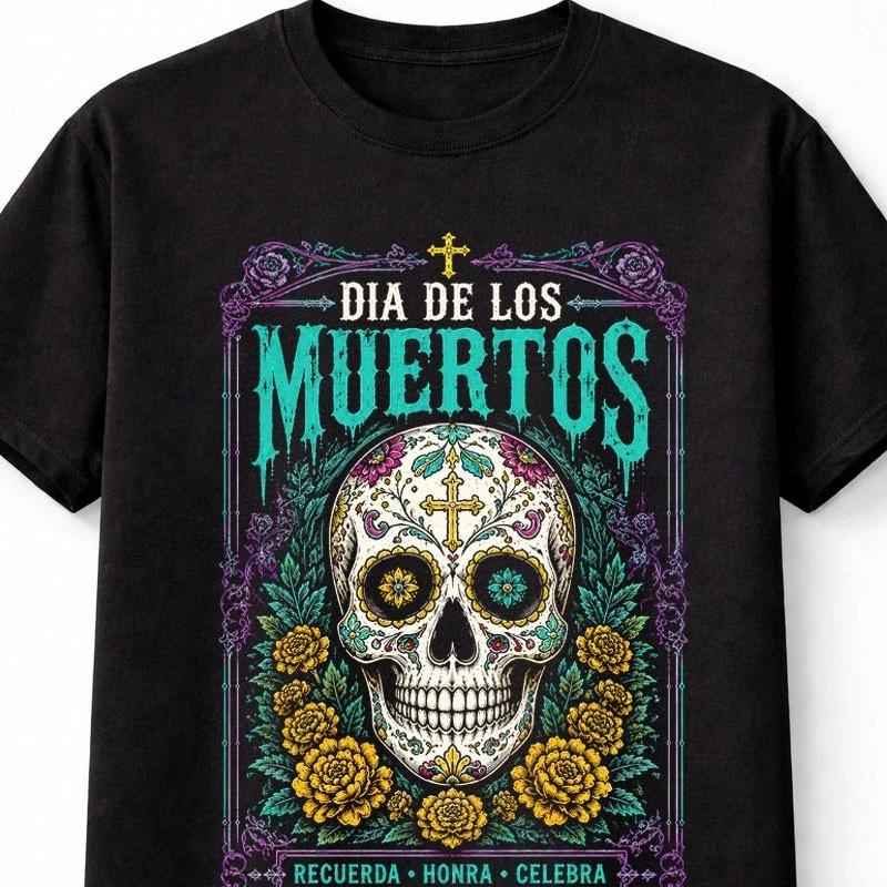 Dia de los Muertos Sugar Skull Floral Calavera Art Unisex TShirt S