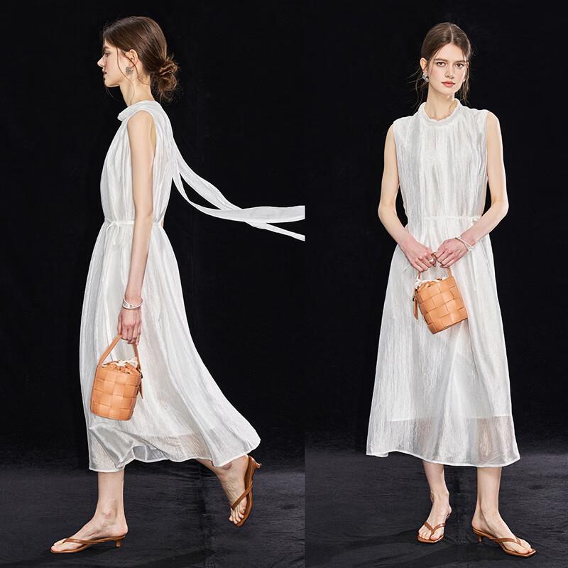 Wudao Noble Pearlescent Sleeveless Belted Dress M грязно-белый