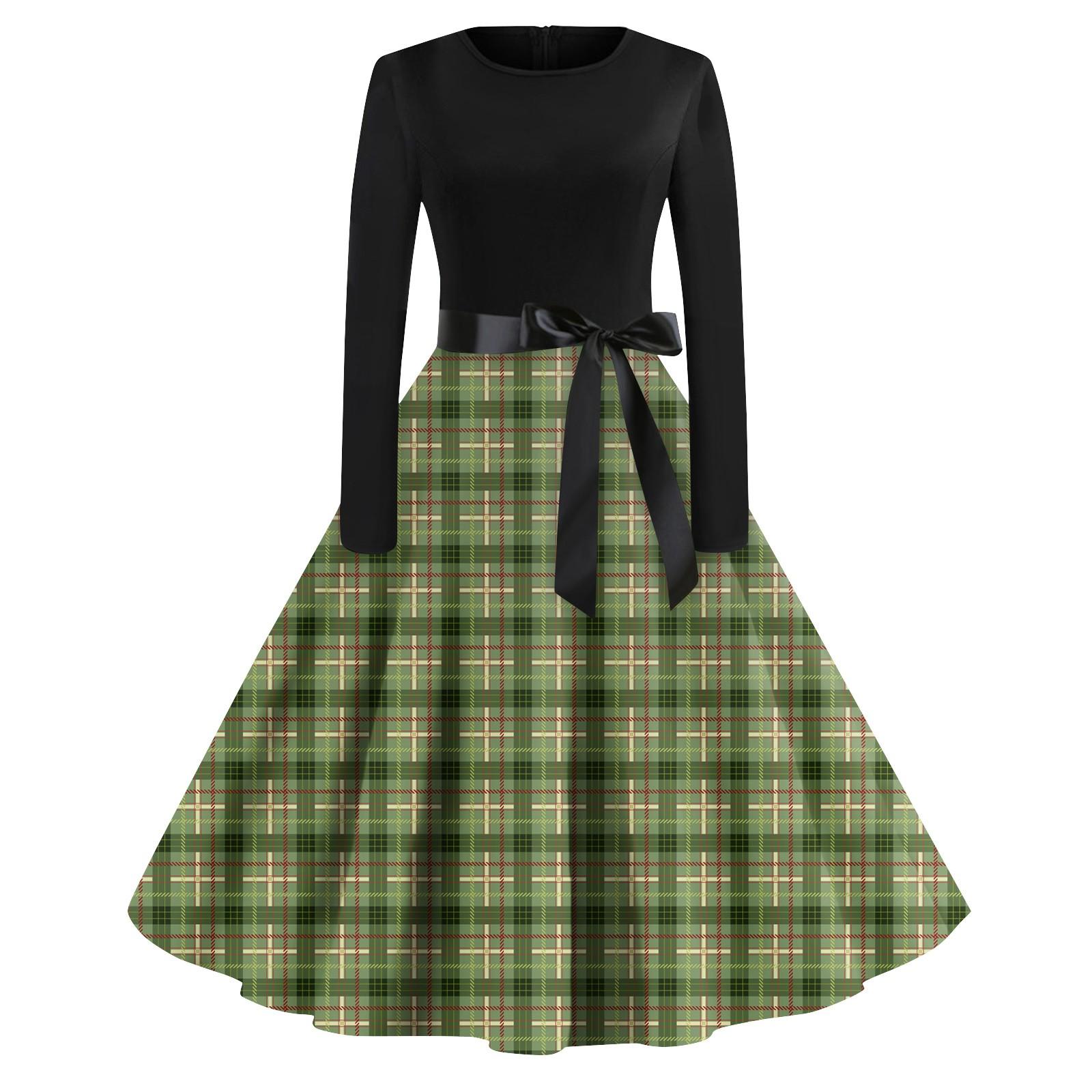 

Женские винтажные клетчатые платья с длинным рукавом и круглым вырезом больших размеров для выпускного вечера L