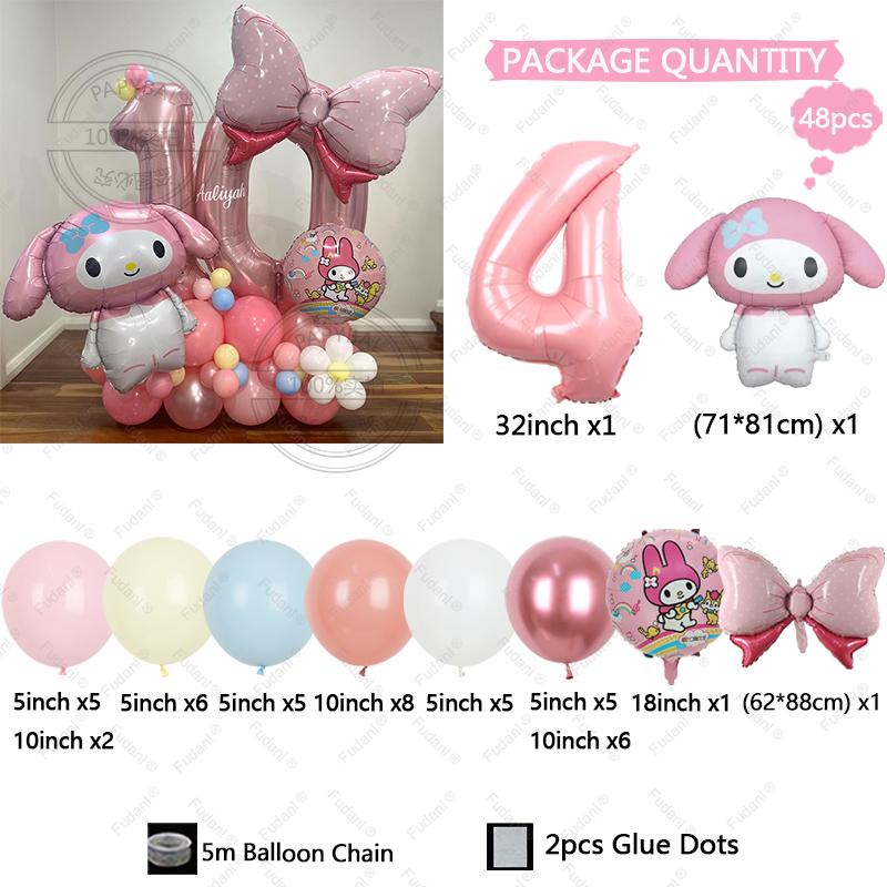 48pcs Cartoon Cute My Melody Bow Theme Foil Balloon 32 Inch Pink Number Set Children's 1-9th Birthday Party Decorative Toys