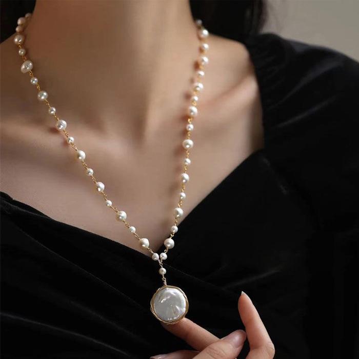 Big Baroque White Pearl Long Necklace Women's