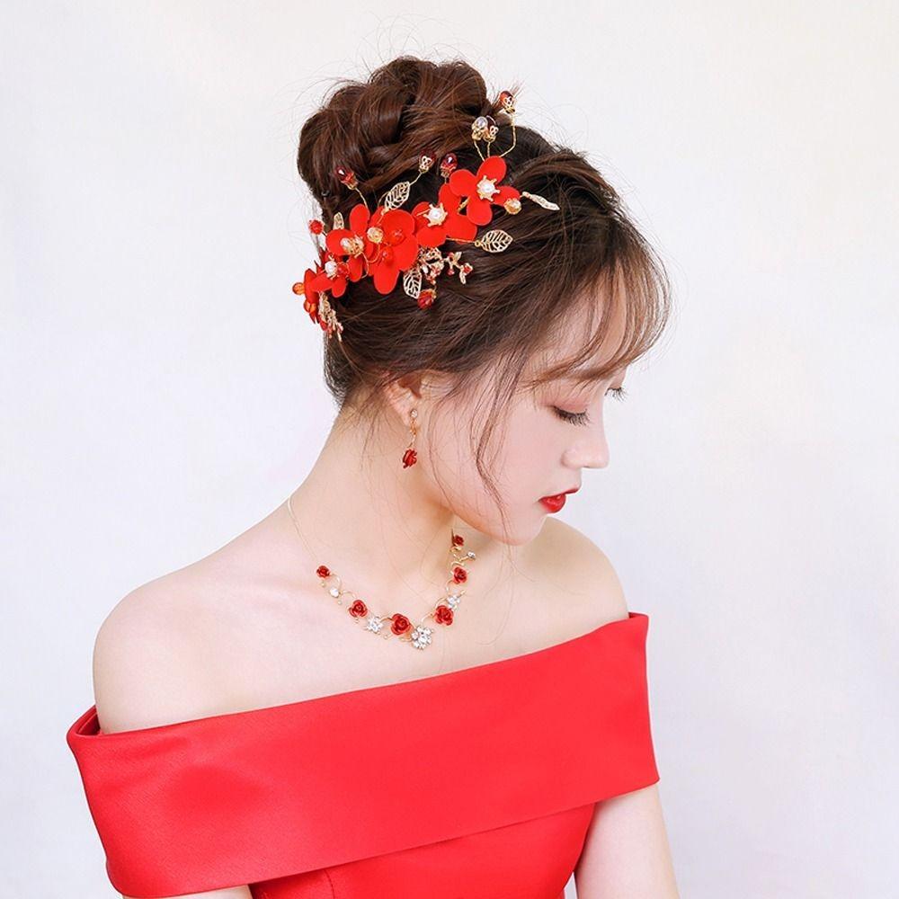 Pearl Red Flower Bride Festival Hairpins Women Barrettes Duckbill Clips Chinese Hanfu Hair Clips