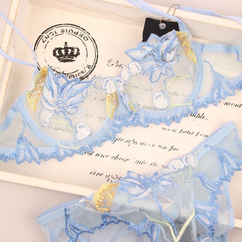 European and American Sexy Lingerie Transparent Mesh Embroidered Bra Set