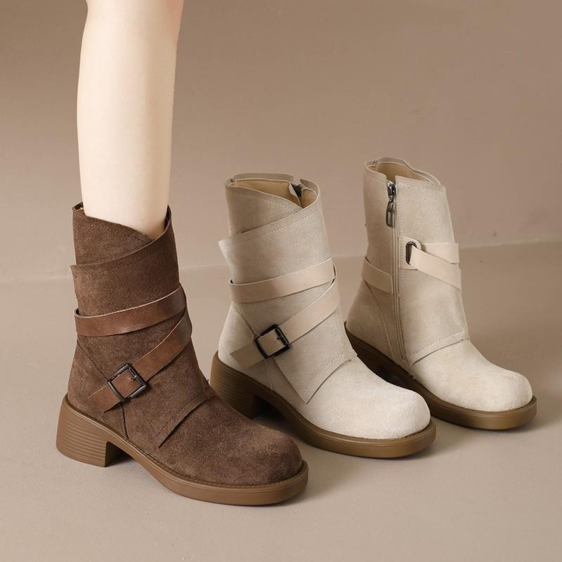 Fashion Retro Single Boot Fall New Round Toe Side Zip Metal Buckle Suede Platform Non-Slip Block Heels
