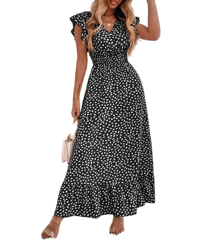 European & American Women's Fashion Spring/Summer 2025 V-Neck Waist-Hugging Long Dress Ruffle Elegant Style