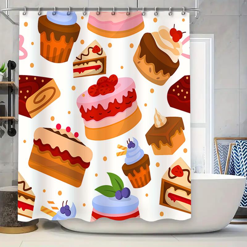 

Sweet Treats Collection: Bakery-Style Shower Curtain Decor Cute Pastries Cupcakes Design For Bathroom Accessories W60H190(CM)-1 Pcs