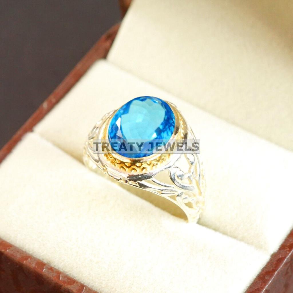 Blue Topaz Oval Cut Gemstone With 925 Sterling Silver Ring For Men's #A886 JL375669038121