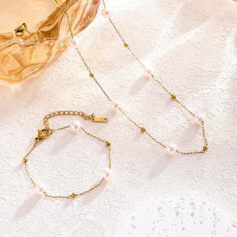 Geometric Pearl Gold-Plated Stainless Steel Bracelet & Necklace Set