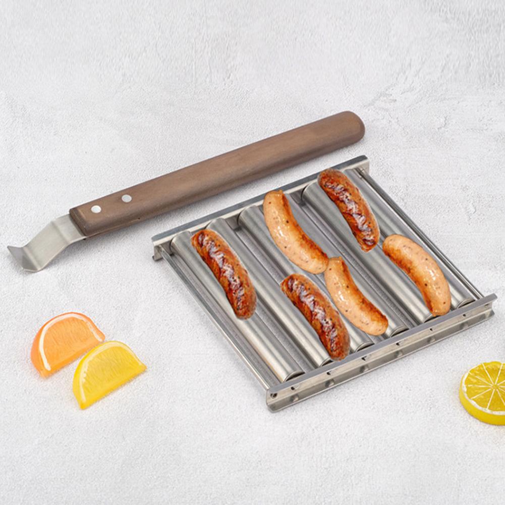 Hot Dog Roller Hot Dog Grill Roller Stainless Steel BBQ Hotdog Roller with Wooden Handle 5 Hot Dog Capacity Grill Accessories