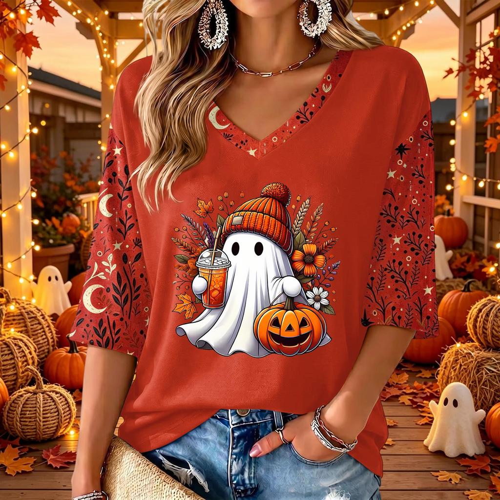 Women's V-Neck Casual Three-Quarter Sleeve Top with Halloween Print