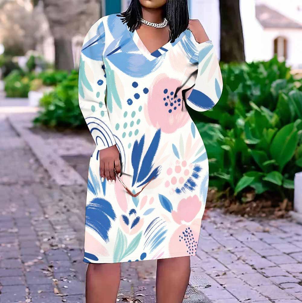 Women Plus Size V Neck Long Sleeve Geometric Printed Fitted Knee Length Dress