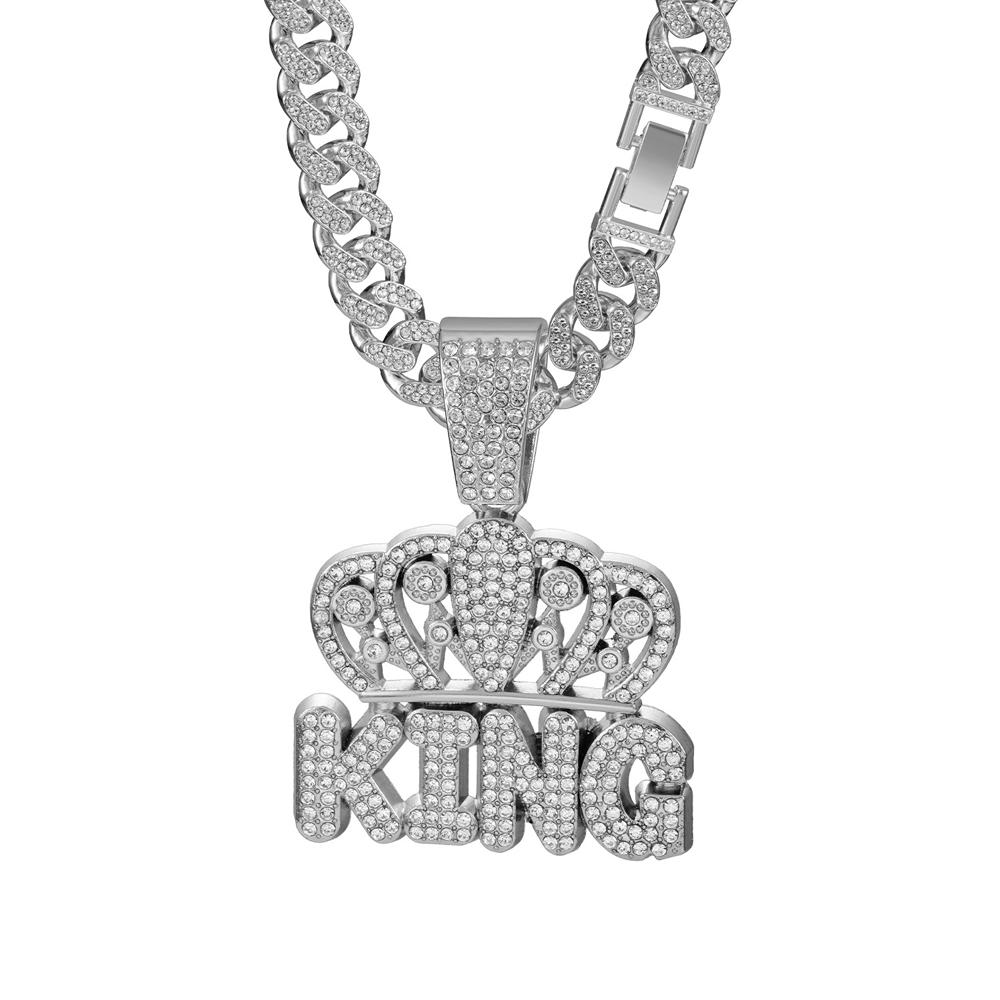 Collar con colgante de letra KING de corona de Hip Hop para hombre con cadena cubana Miami de 13 mm Iced Out Bling Collares HipHop Joyería de moda para mujer