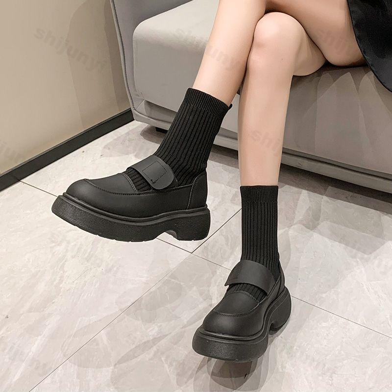 Nové 2025 Podzimní Bílé Kozačky Střední Délky Dámská Obuv Módní Kulatá Špička Platformní Kotníkové Boty Silná Podrážka Guma Dámské Jednobarevné Nazouvací Boty