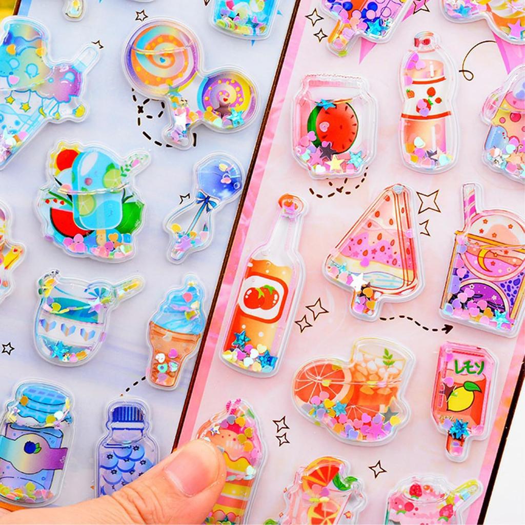 3D Cute Sequined Animal and Character Set of Perfect for Smartphone Water DIY Creative Gifts for Kids Set of Water-filled Puku-Puku Stickers,