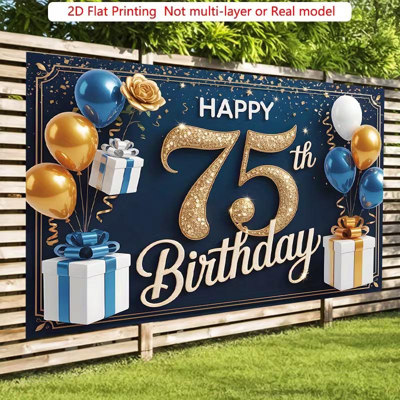 Elegant 75th Birthday Backdrop, Sophisticated Navy Blue and Gold Design with Balloons and Gifts, Festive Milestone Party Wall Decor