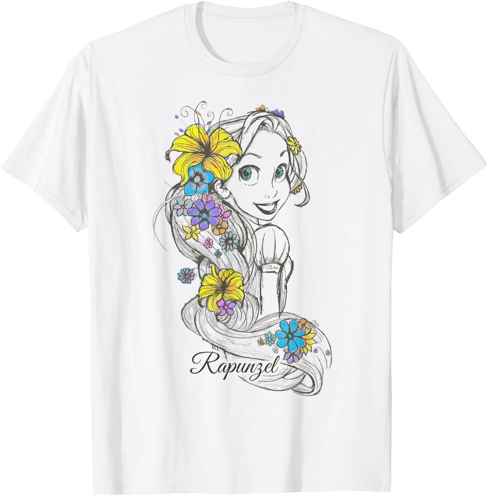 Fashion Casual Disney Tangled Rapunzel Floral Sketch Portrait T-Shirt T-Shirt S-4XL Summer