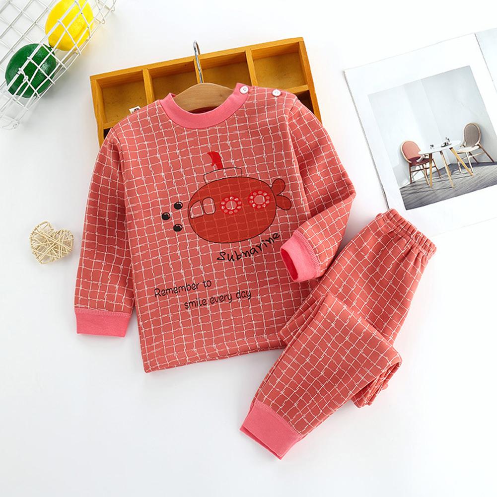 Children Three-layer Cotton Thickening Warm Two-piece Long-sleeved Round Neck Cartoon Print Bottoming Shirt + Trousers