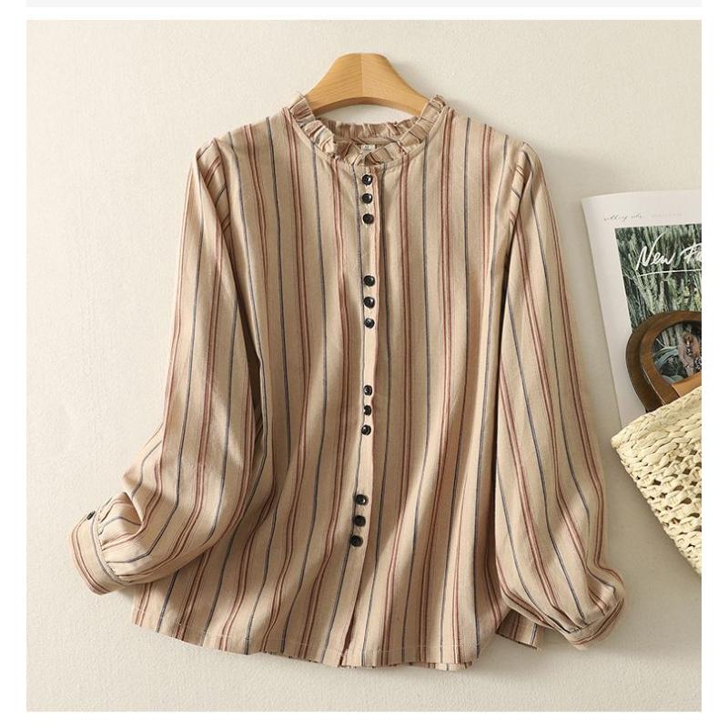 Literarisches Retro Gestreiftes Kontrastfarben Langarmhemd Damen Rüschen Stehkragen Locker Lässiges Oberteil