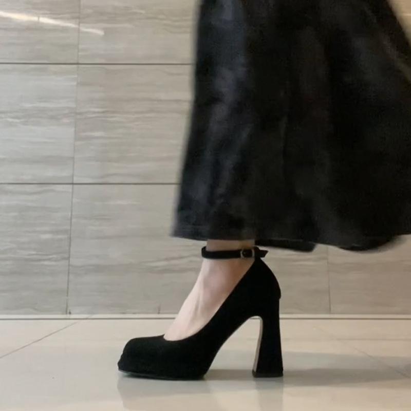 Sheepskin Version! Mary Jane High Heels Niche Square Head One-word Buckle with Thick Heel Not Tired Feet Waterproof Table Shallow Mouth Single Shoes