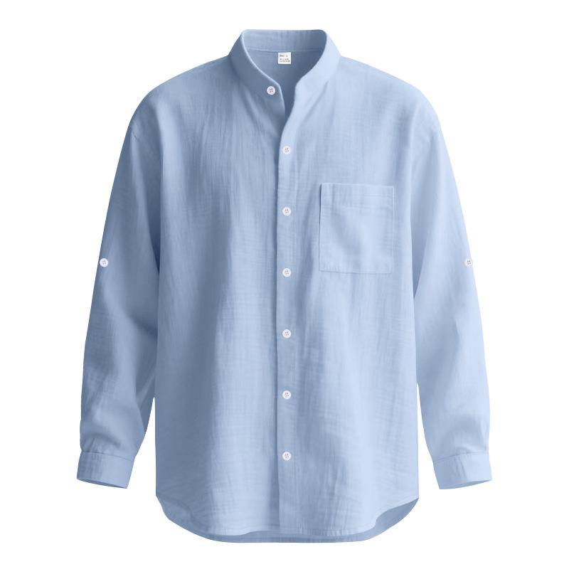 New Spring/Autumn Linen Long-Sleeved Men's Shirt Casual Beach Holiday Stand-Up Collar Commuter Shirt