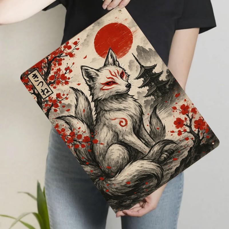 

Japanese Style Kitsune Fox Metal Wall Art with Red Sun Temple and Cherry Blossom Decor for Home Office 20x30cm（7.8x11.8inch）