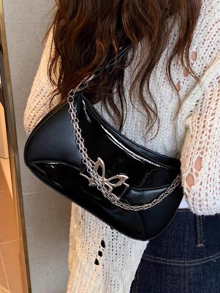 Silvery Butterfly Decoration Cool Girls Shoulder Bag Portable Ladies Crossbody Bag Fashion Chain Female Underarm Bag Handbags