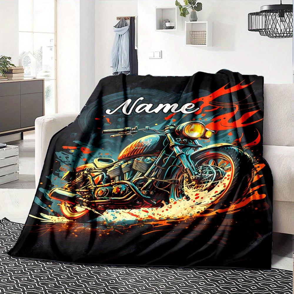 Motorcycle Flames Personalized Name Blanket With Customizable Name Four Seasons Comfortable Shawl Blanket Suitable For Home Travel Camping Office