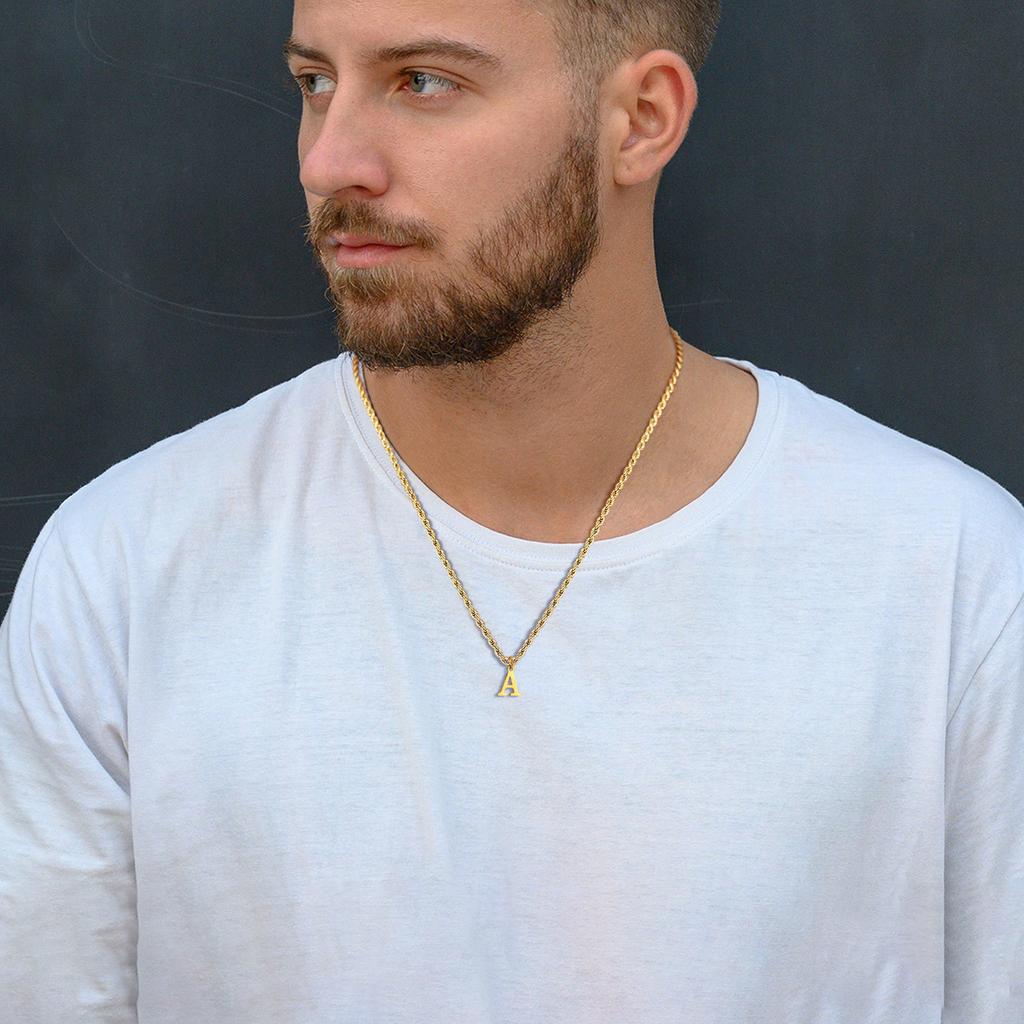 Initial Letters Necklaces for Men Boys,Stainless Steel A-Z 26 Alphabet Charm Pendant with 60CM/23.6" Twisted Rope Chain Gift