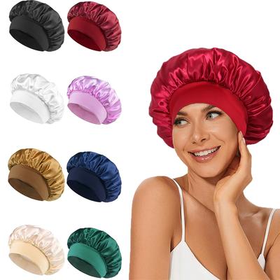 3pcs Women's Solid Color Satin Wide-Brimmed Shower Cap, Suitable For Daily Use Silk Bonnet Satin Bonnet