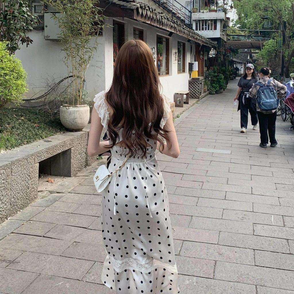 Korean-style Gentle Style Beautiful Dress, Super Sophisticated, Polka Dot Fitted Hip-hugging Camisole Long Dress for Summer