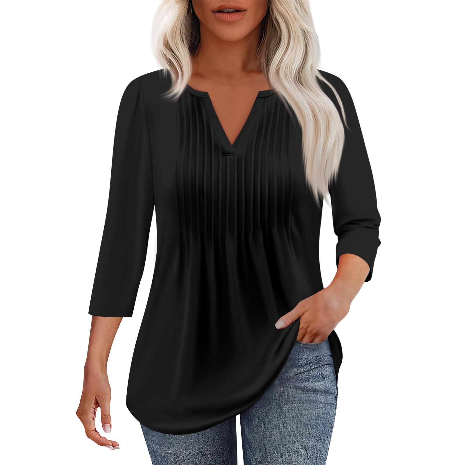 

Женская модная повседневная плиссированная футболка с V-образным вырезом и рукавом семь четвертей L чёрный