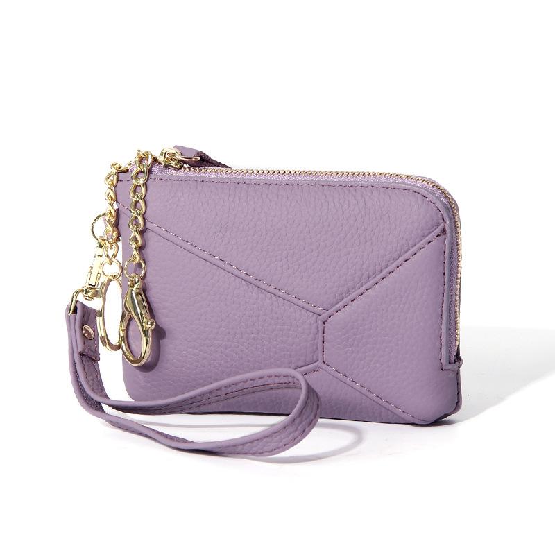 

2025 Кошелек для монет на молнии из натуральной кожи для женщин в японском и корейском стиле, мини-кошелек с брелоком, большая вместимость, 3 отделения для карт, ультратонкий и легкий фиолетовый