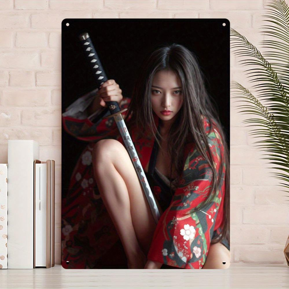 

HD Metal Tin Sign Japanese Samurai Girl Katana Kimono Vintage Wall Decor Retro Metal Poster for Man Cave Bar Garage Home Decor 20x30cm（7.8x11.8inch）