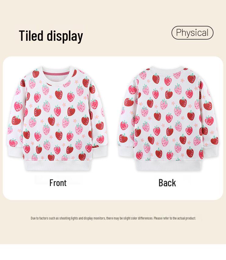 New Autumn Girls' Strawberry Pattern Hoodie, Round Neck Pullover, Kids' Cute Clothing