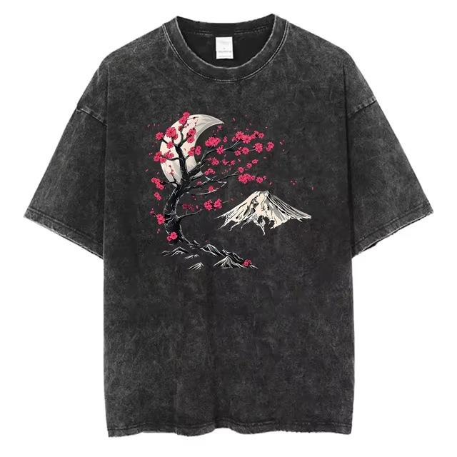 Harajuku Ukiyo-E Painted Retro Cherry Blossom Top Pattern T-Shirt Style Washed Street Black Cat T-Shirt Japanese Pure Cotton Retro S