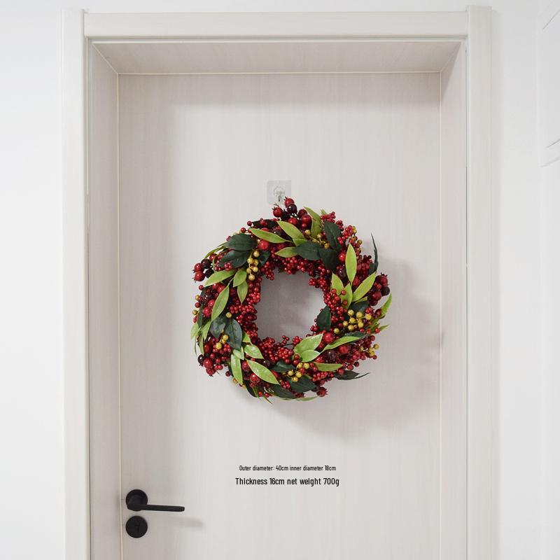 Handmade Christmas Wreath with Red Berries & Green Leaves on Steel Ring for Door Decoration