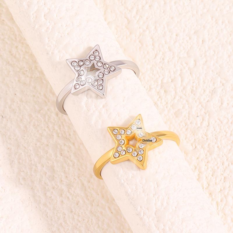 Women's Hollow Star Diamond Titanium Steel Open Ring - High-End Niche Fashion 