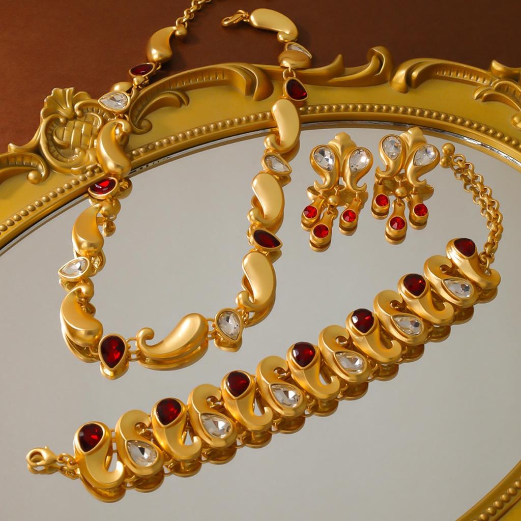 Medieval Vintage Jewelry Court Antique Geometric Classic Plated 18K Real Gold Gemstone Necklace Bracelet Stud Earrings