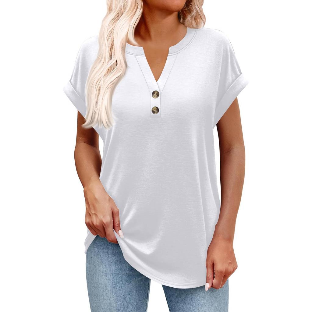 Women's Fashionable Casual Short-sleeved V-neck Button Printed Pullover Top